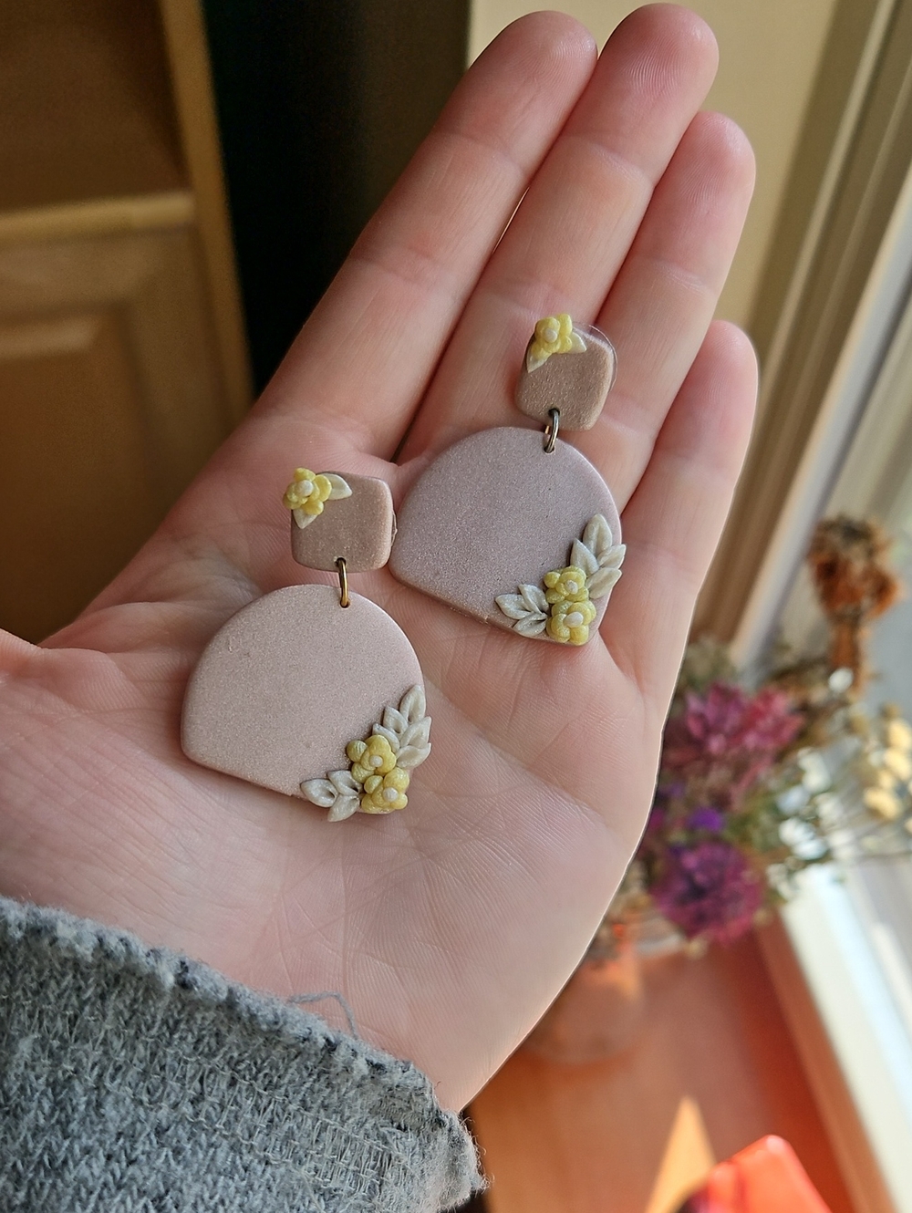 Pink Floral Polymer Clay Drop Earrings Balletcore Artsy Boho Cottagecore